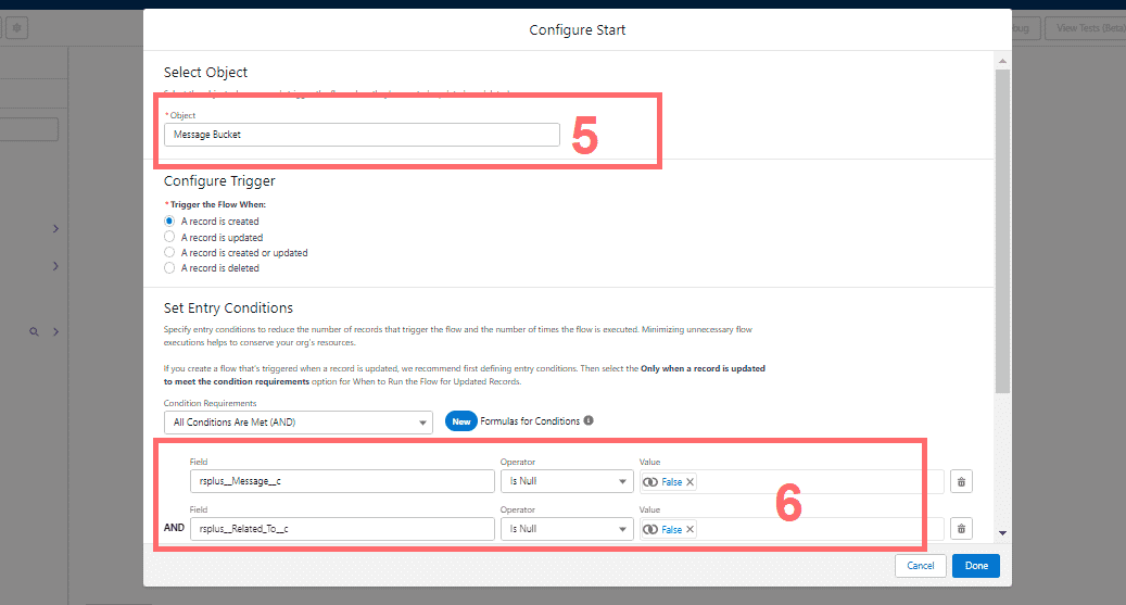 Flow Configure Start popup with the Message Bucket object selected, the trigger set to A record is created, and two entry conditions highlighted: rsplus__Message__c Is Null False and rsplus__Related_To__c Is Null False.