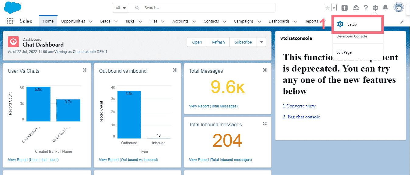 Salesforce Sales app Home page with the Setup gear icon circled in the top navigation bar.