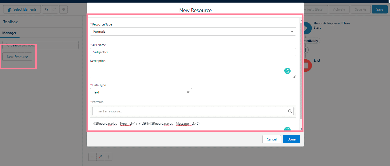 Flow New Resource popup with Resource Type set to Formula, API Name set to SubjectRx, Data Type set to Text, and the formula field showing the Type and Message merge fields concatenated.