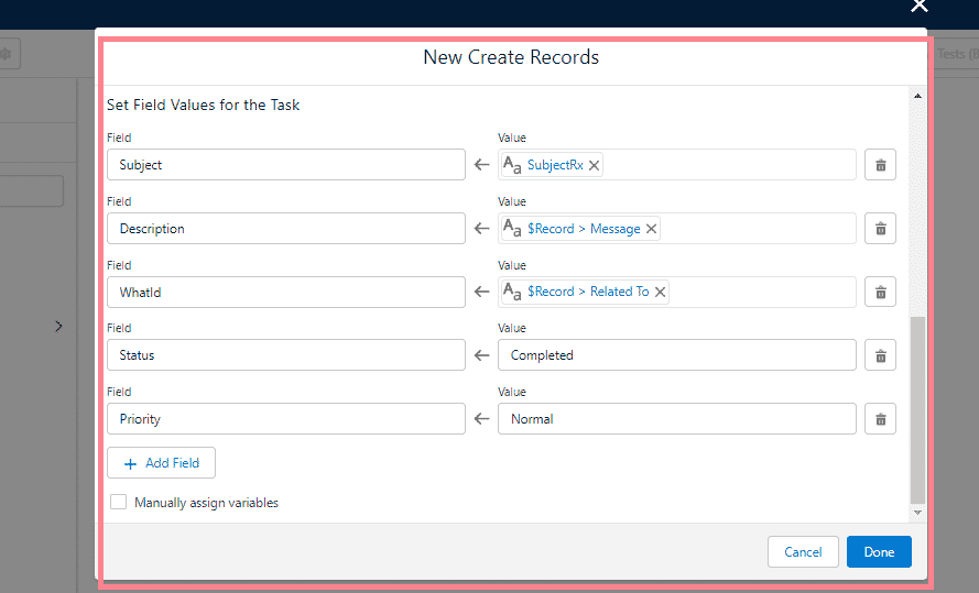 New Create Records popup's Set Field Values for the Task section, with Subject set to SubjectRx, Description set to Record > Message, WhatId set to Record > Related To, Status set to Completed, and Priority set to Normal.