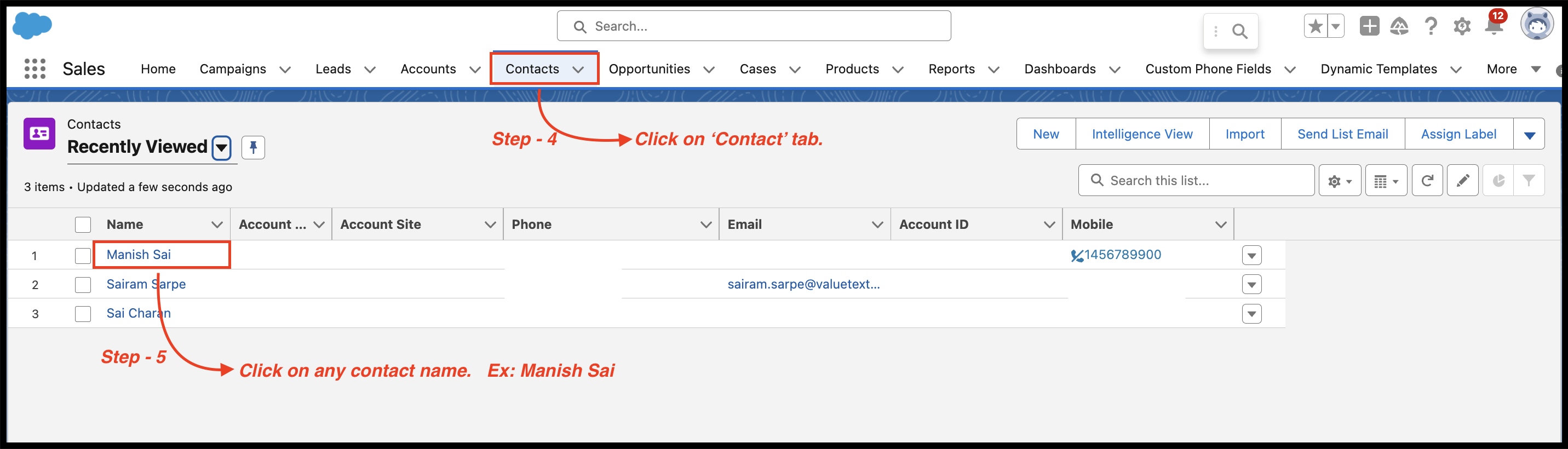 Salesforce Contacts list view with the Contacts tab selected and a contact name highlighted to open its record detail page.