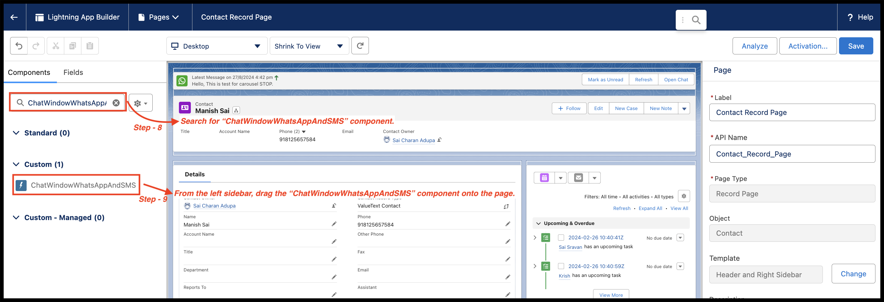 Lightning App Builder editing a Contact Record Page, with the ChatWindowWhatsAppAndSMS component listed under Custom in the Components sidebar, ready to drag onto the page.