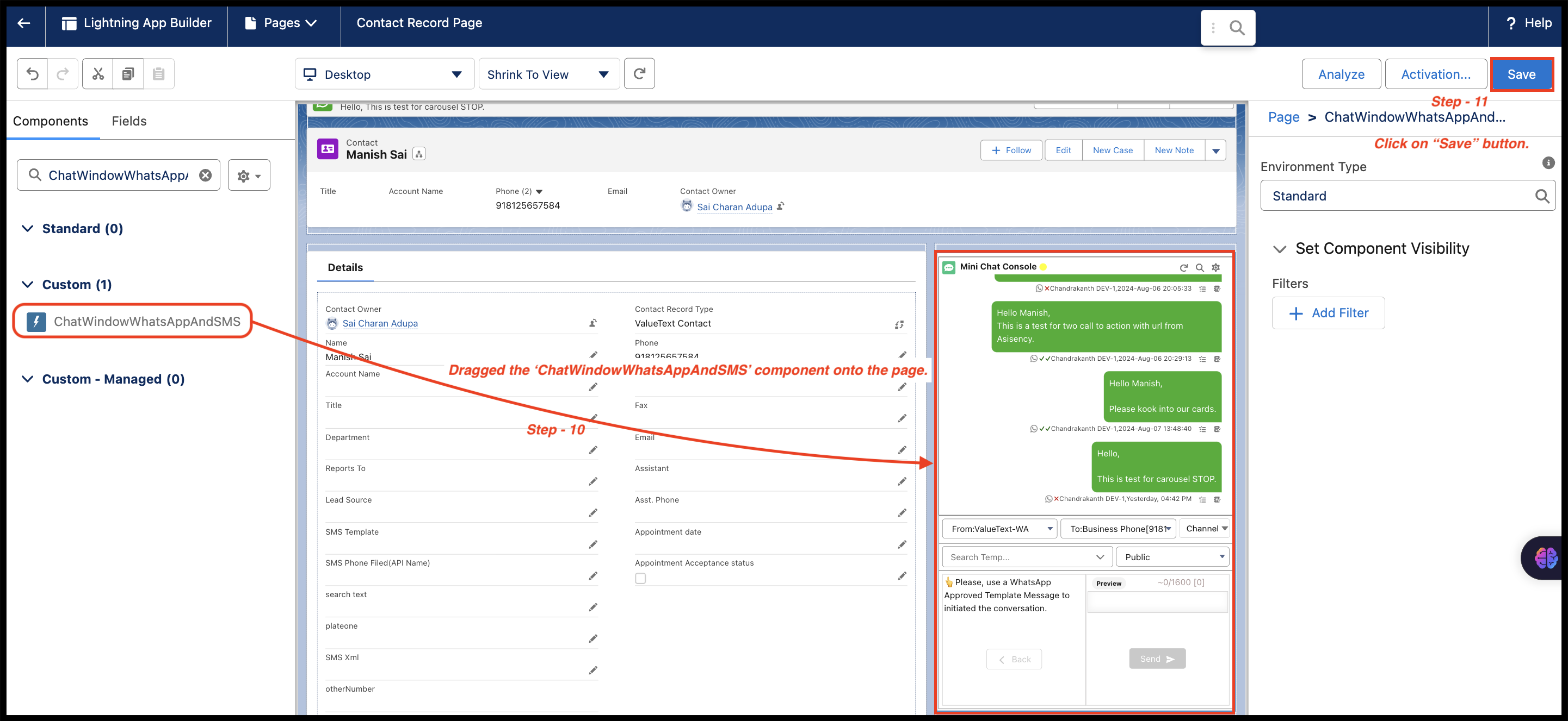 Lightning App Builder showing the Mini Chat Console component placed on the Contact Record Page layout, with the Save button highlighted in the top right corner.