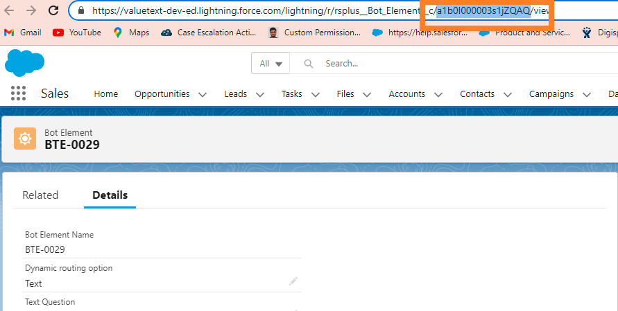 Salesforce Bot Element record page for BTE-0029, with the record ID highlighted in the browser address bar (rsplus__Bot_Element__c/a1b0I000003s1jZQAQ/view).