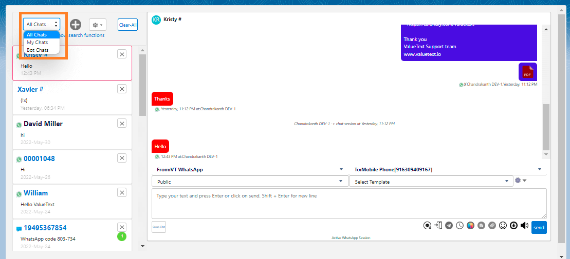 Big Chat Console with the All Chats dropdown open, showing All Chats, My Chats, and Bot Chats options above the Kristy chat list.