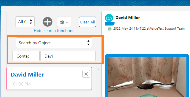 Big Chat Console with Search by Object selected, an object field set to Contact and a name field set to Davi, showing the matching David Miller chat with an inline image message.