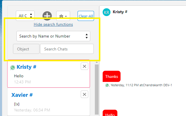 Big Chat Console with search functions expanded, showing a Search by Name or Number dropdown plus separate Object and Search Chats fields below the Hide search functions link.
