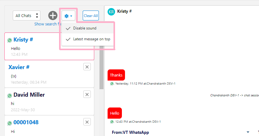 Big Chat Console settings dropdown showing checked Disable sound and Latest message on top options above the Kristy chat list.