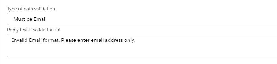 Salesforce bot element settings showing Type of data validation set to Must be Email, and Reply text if validation fail set to
