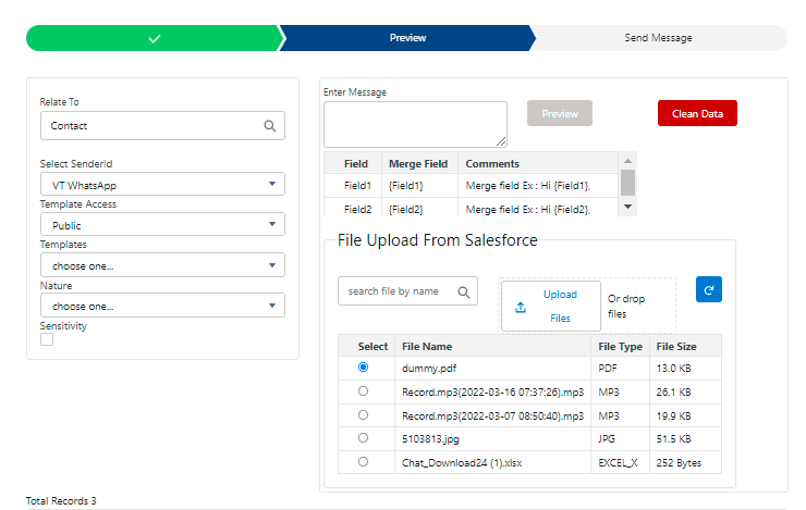 Bulk Messages From CSV screen on the Preview step, with Relate To set to Contact, Select SenderId set to VT WhatsApp, Template Access set to Public, and the File Upload From Salesforce section listing files available to attach.