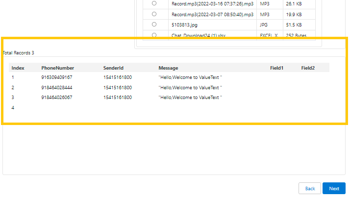 Bulk Messages From CSV screen on the Preview step, with a highlighted table listing Total Records 3 and an Index, PhoneNumber, SenderId, and Message preview for each row, next to Back and Next buttons.