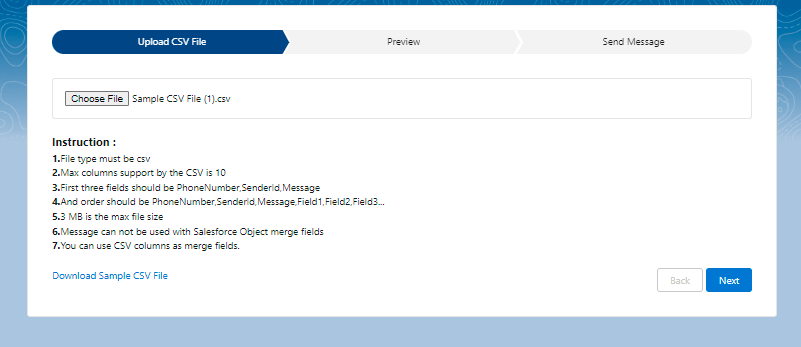 Bulk Messages From CSV screen on the Upload CSV File step, with a Choose File button, a Download Sample CSV File link, a numbered list of upload instructions, and a Next button.