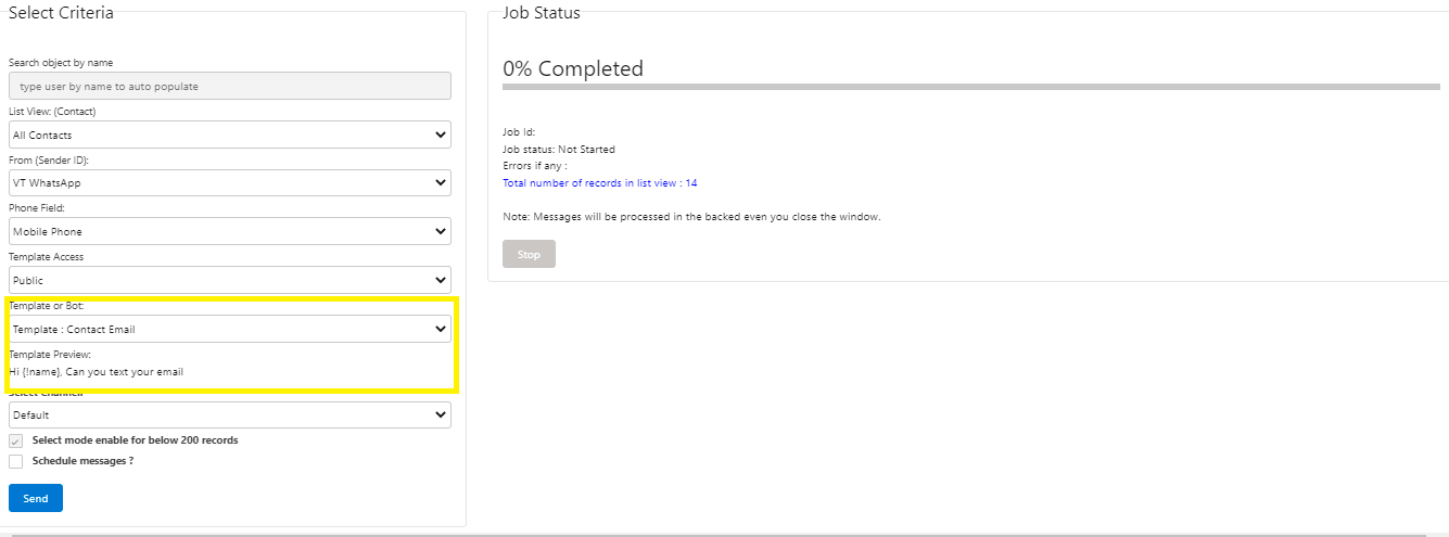 Salesforce List View Bulk Messaging panel with Template or Bot set to