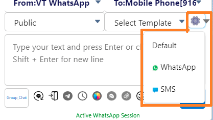 Chat console message composer showing From: VT WhatsApp and To: Mobile Phone fields, with the channel dropdown open showing Default, WhatsApp, and SMS options.
