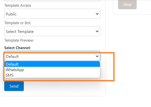Bulk messaging template screen with Template Access set to Public and Template or Bot set to Select Template, showing the Select Channel dropdown open with Default, WhatsApp, and SMS options highlighted.
