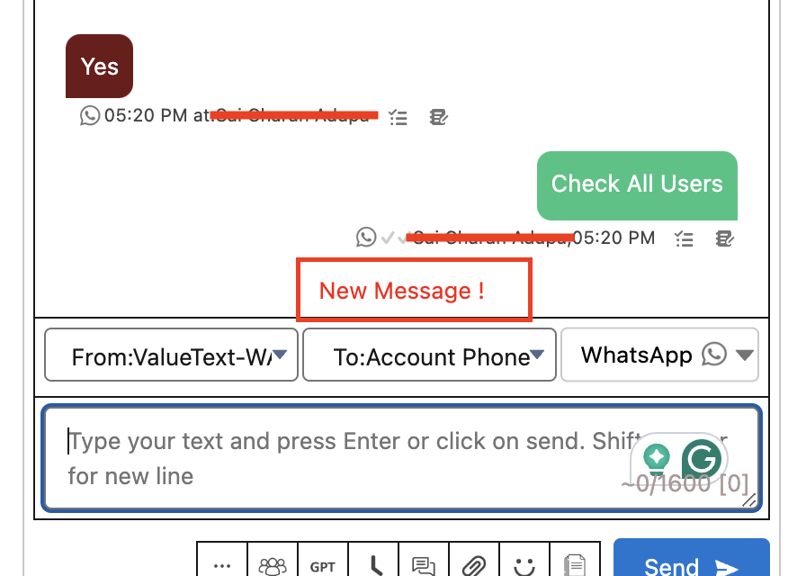 Mini Chat Console with a red New Message alert above the WhatsApp message input, shown after a session becomes active.
