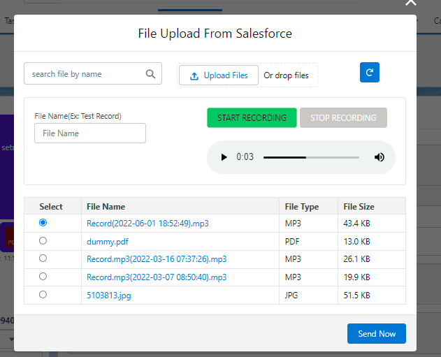 File Upload From Salesforce dialog with a file search box, an Upload Files button, audio recording controls, a list of uploaded files with type and size, and a Send Now button.