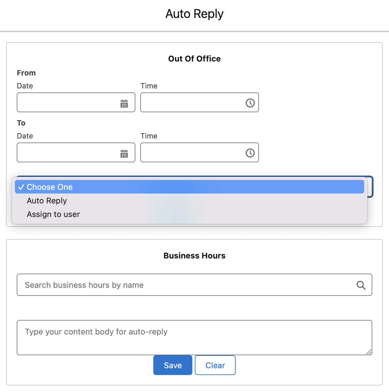 Auto Reply configuration popup with Out of Office From and To date and time fields, a Choose One dropdown for Auto Reply or Assign to user, and a Business Hours section with a business hours search field, a reply text box, and Save and Clear buttons.