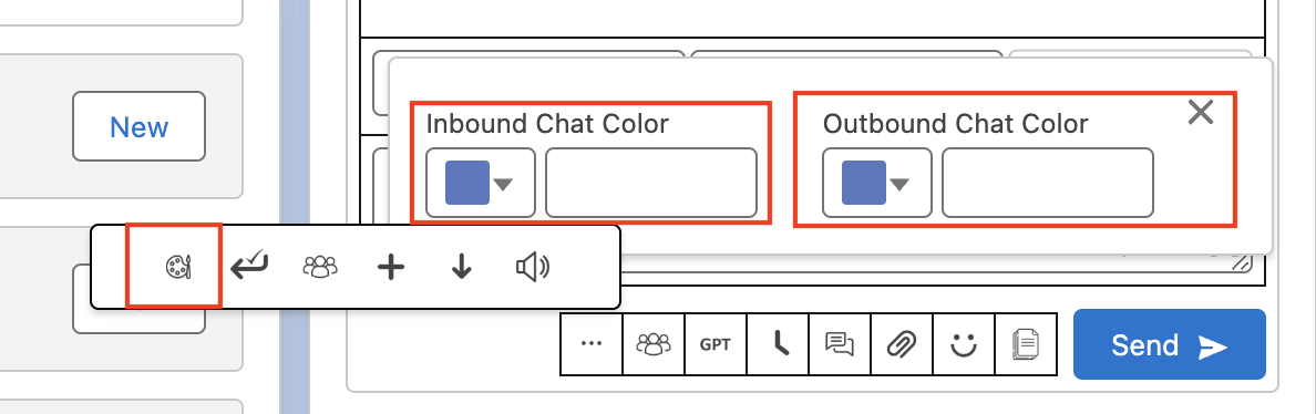 Mini Chat Console color picker popup with separate Inbound Chat Color and Outbound Chat Color swatches, opened from the palette icon in the toolbar.