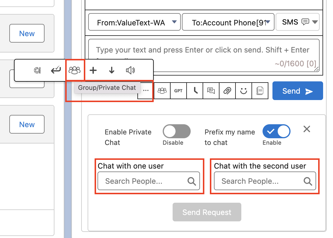 Mini Chat Console Group/Private Chat panel with Enable Private Chat and Prefix my name to chat toggles, plus two search fields to invite colleagues and a Send Request button.