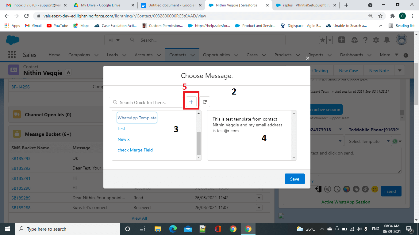 Choose Message popup in the Chat Console with a search field, a Plus icon to create a new Quick Text, a left panel listing saved Quick Text entries, and a preview pane on the right.