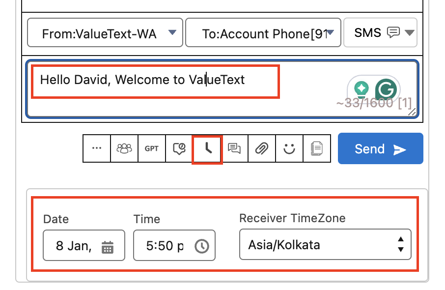 Mini Chat Console with the schedule icon highlighted in the toolbar and the resulting Date, Time, and Receiver Time Zone fields set to 8 Jan, 5:50 PM, and Asia/Kolkata.
