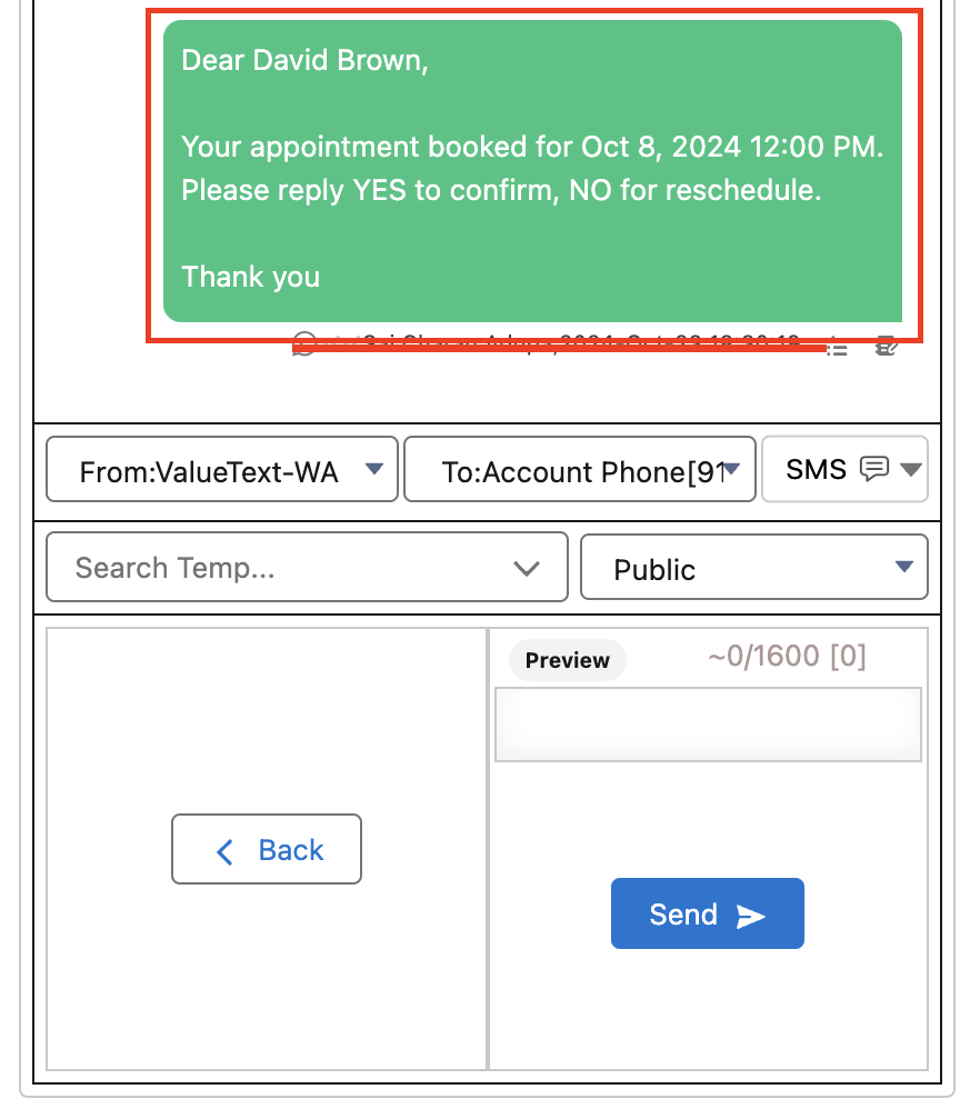 Mini Chat Console showing a preview of an approved template message about a booked appointment, with Back and Send buttons below the From and To fields.