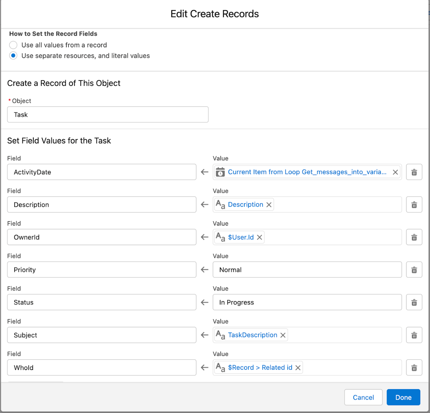 Salesforce Flow Edit Create Records screen for the Task object, with ActivityDate set to the current loop item, Description set to the Description resource, OwnerId set to $User.Id, Priority set to Normal, Status set to In Progress, Subject set to TaskDescription, and WhoId set to $Record > Related id.