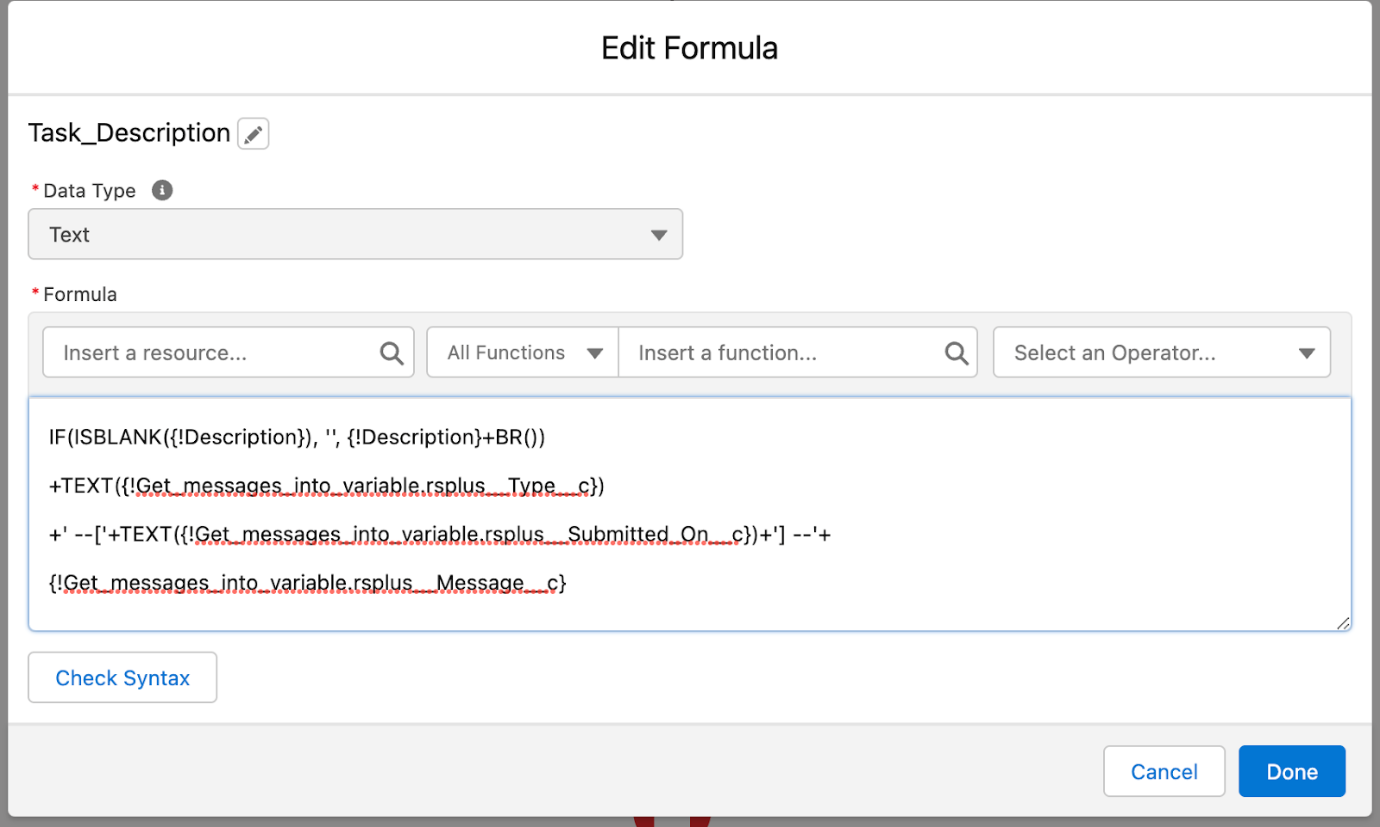 Salesforce Flow Edit Formula dialog for the Task_Description resource, showing a Text formula that appends each looped message's rsplus__Type__c, rsplus__Submitted_On__c, and rsplus__Message__c fields onto the running Description.