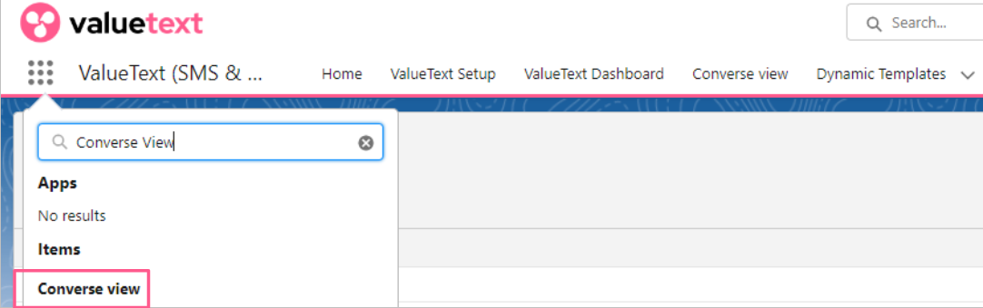 Salesforce App Launcher with Converse View typed into the search box and Converse view highlighted in the Items list.