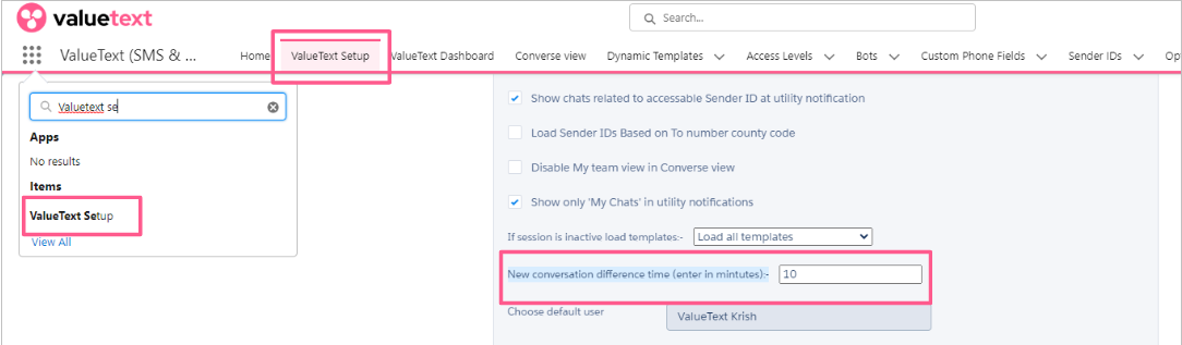 ValueText Setup screen with the App Launcher search box highlighted showing ValueText Setup selected, and the New conversation difference time (enter in minutes) field highlighted on the right set to 10.