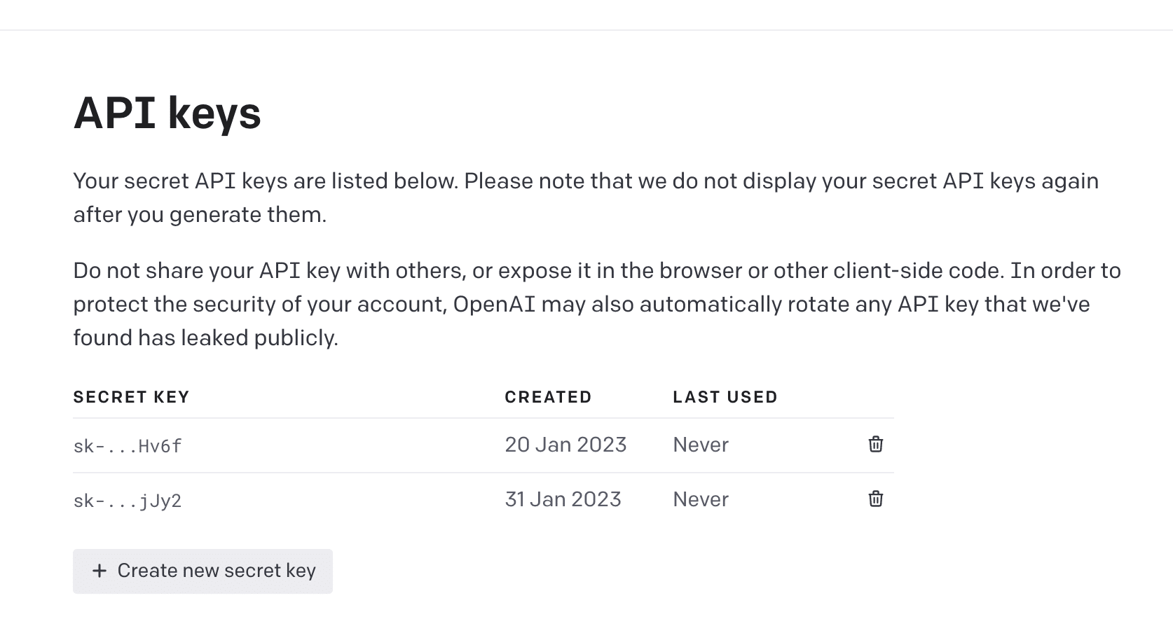 OpenAI API keys page listing existing secret keys with Created and Last Used columns, and a Create new secret key button below.