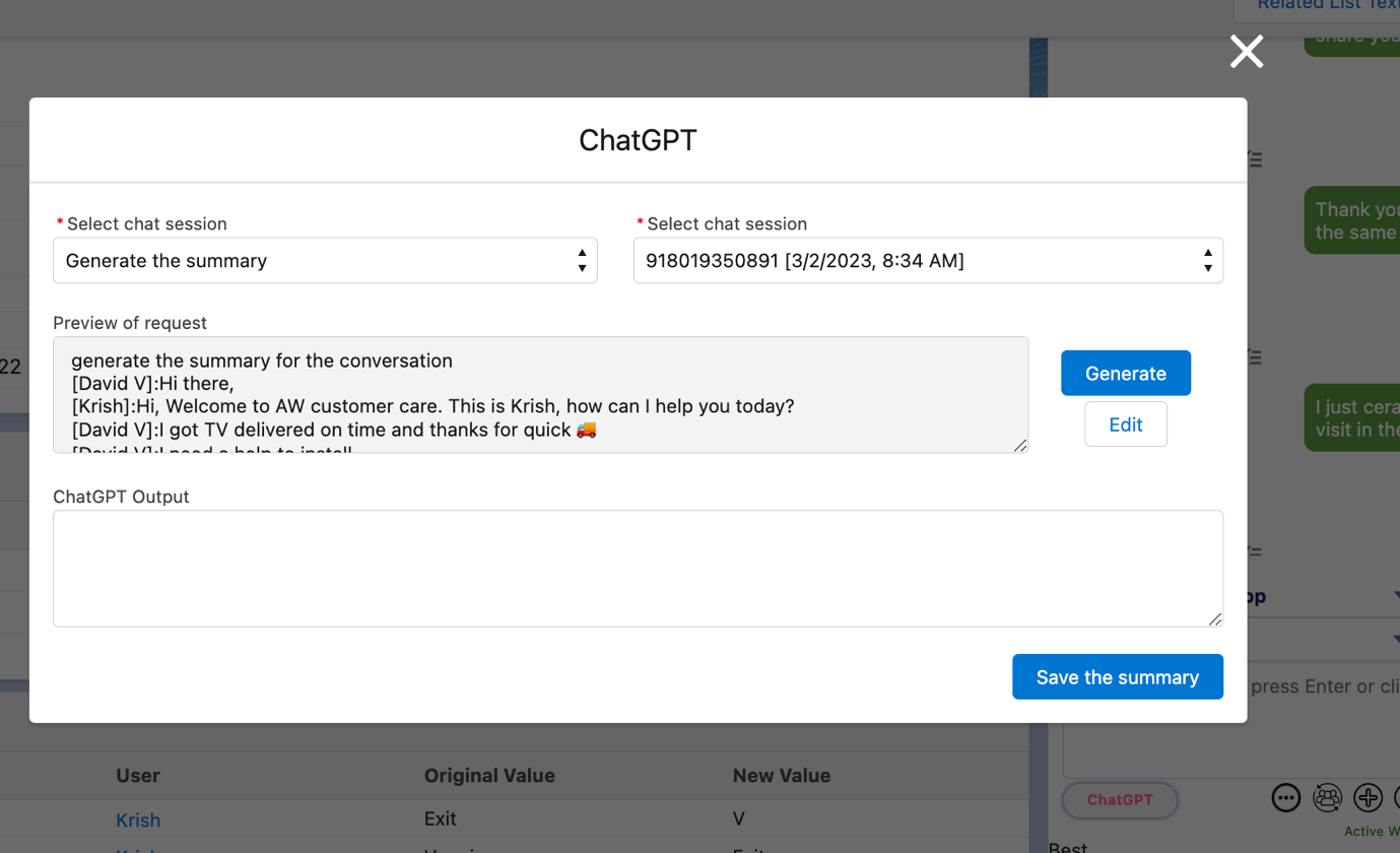 ChatGPT modal in the Mini Chat Console with Generate the summary chosen from the Select chat session dropdown, a preview of the generated request, an empty ChatGPT Output field, and Generate, Edit, and Save the summary buttons.