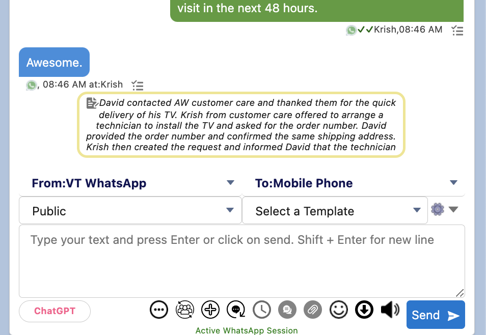 Mini Chat Console showing the ChatGPT-generated conversation summary in a highlighted box above the message composer, with the ChatGPT option visible in the toolbar.