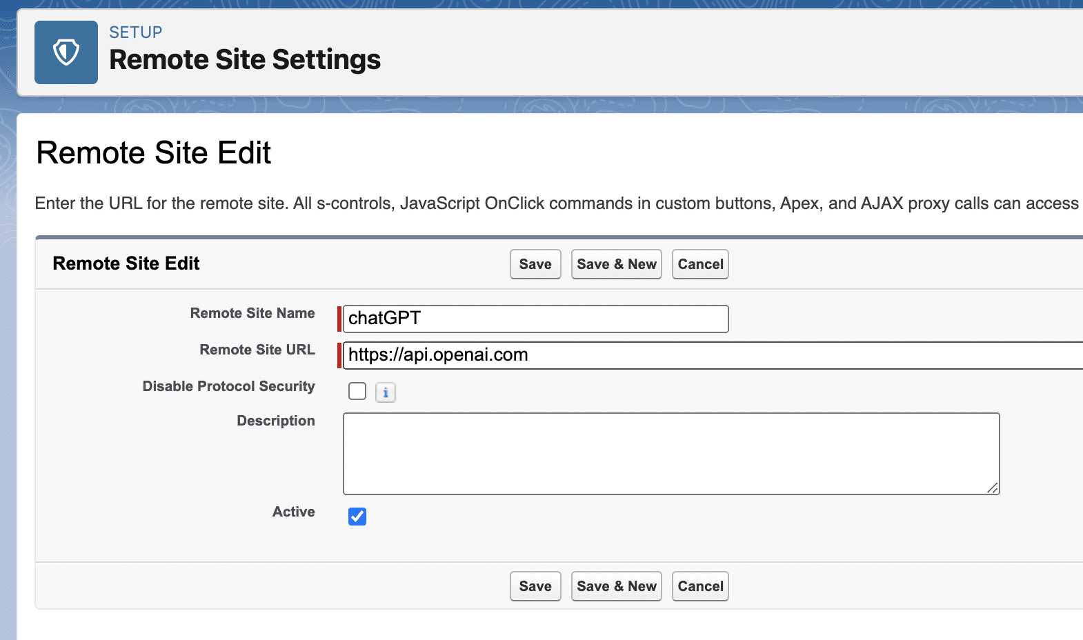 Salesforce Remote Site Edit screen with Remote Site Name set to chatGPT, Remote Site URL set to https://api.openai.com, and Active checked.