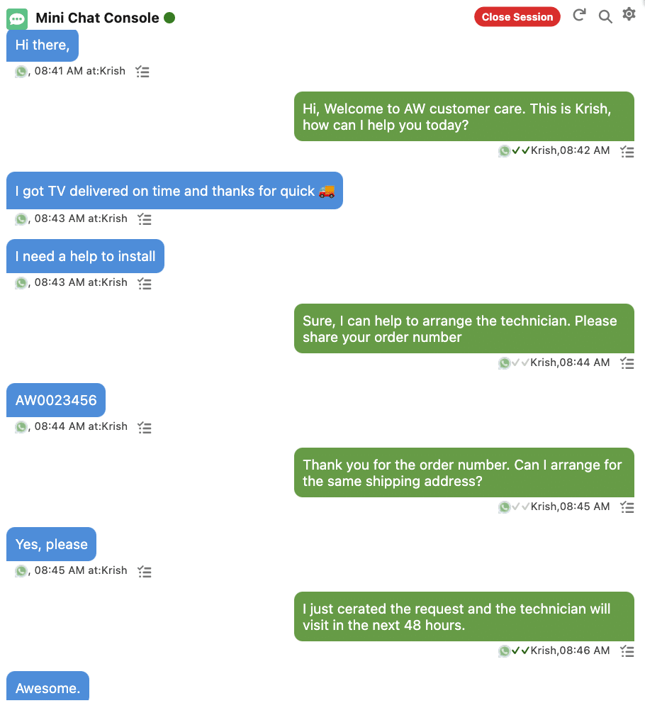 Mini Chat Console showing a sample WhatsApp conversation between an agent and a customer about a TV delivery and installation request.