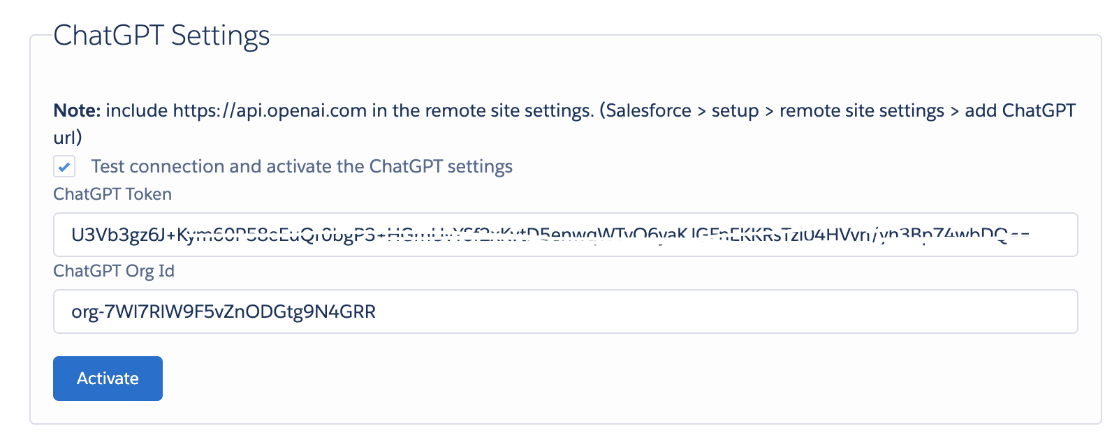 ValueText Setup ChatGPT Settings panel in Salesforce with the Test connection and activate the ChatGPT settings checkbox checked, a masked value in the ChatGPT Token field, org-7WI7RIW9F5vZnODGtg9N4GRR in the ChatGPT Org Id field, and an Activate button.