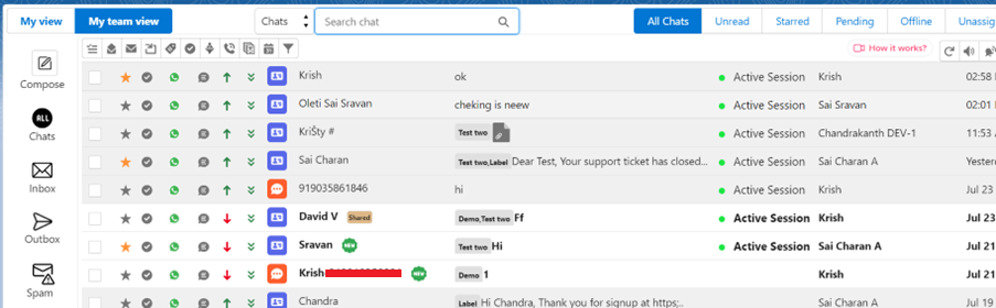 Converse View chat list with My view and My team view tabs, an All Chats status bar, and columns showing each chat's channel icon, message preview, session status, and assigned user.