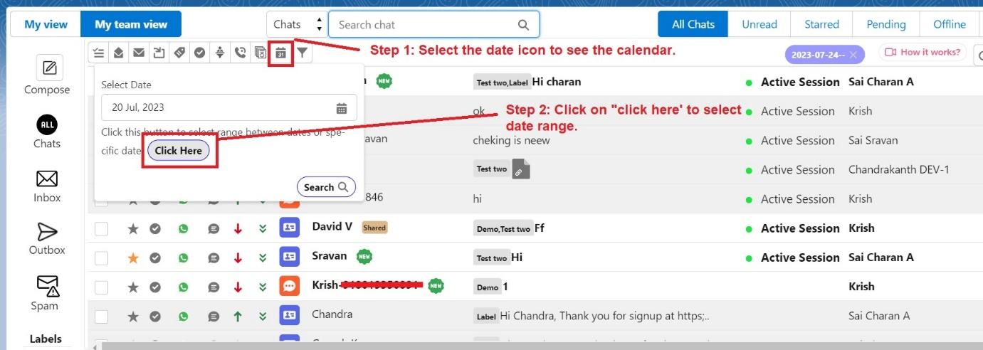 Converse View toolbar with the Select Date panel open showing a chosen date of 20 Jul 2023 and a Click Here button, annotated Step 1: Select the date icon to see the calendar and Step 2: Click on Click Here to select date range.