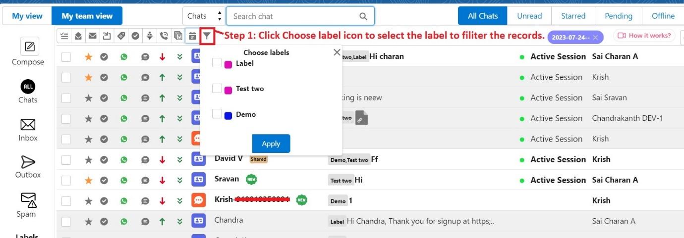 Converse View toolbar with the Choose labels panel open, listing Label, Test two, and Demo checkboxes and an Apply button, annotated Step 1: Click Choose label icon to select the label to filter the records.