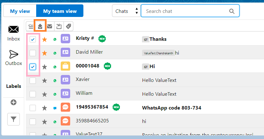Converse View chat list with two chat rows checked and the Mark as read icon highlighted in the toolbar.