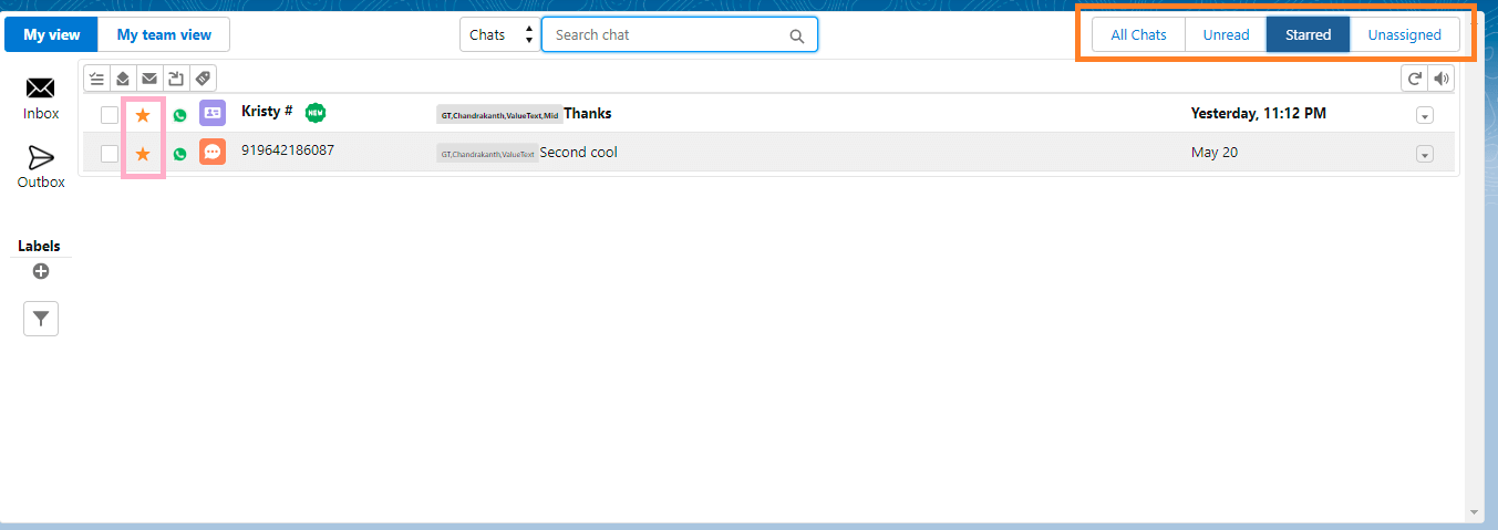 Converse View chat list with the All Chats, Unread, Starred, and Unassigned filter buttons outlined at the top right, with Unread selected.