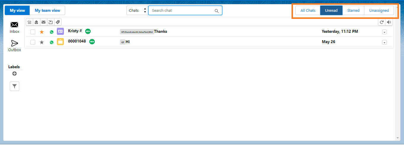 Converse View chat list with the My view tab active and the My team view tab beside it, showing Inbox and Outbox in the left sidebar.