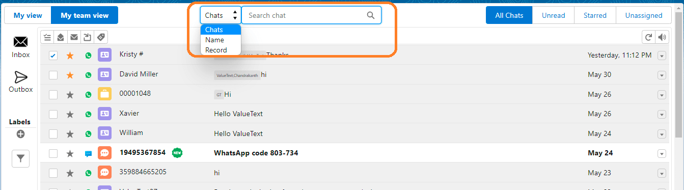 Converse View search bar with the search-type dropdown open, showing Chats, Name, and Record options.
