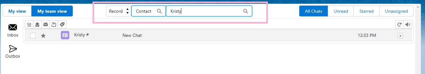 Converse View search bar set to Record, with Contact chosen as the object and Kristy entered as the search term, showing a matching chat result.