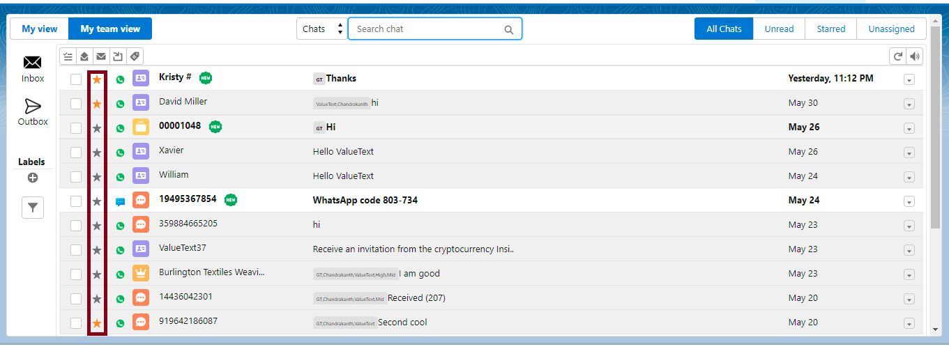 Converse View chat list with the Starred filter selected and the star icon highlighted on two chat rows.
