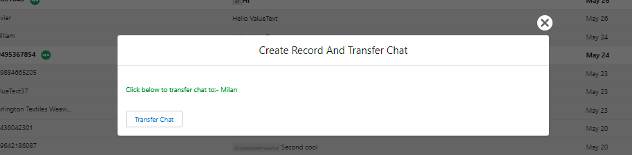 Create Record And Transfer Chat popup after saving the record, with a Transfer Chat button that links the chat to the new contact.