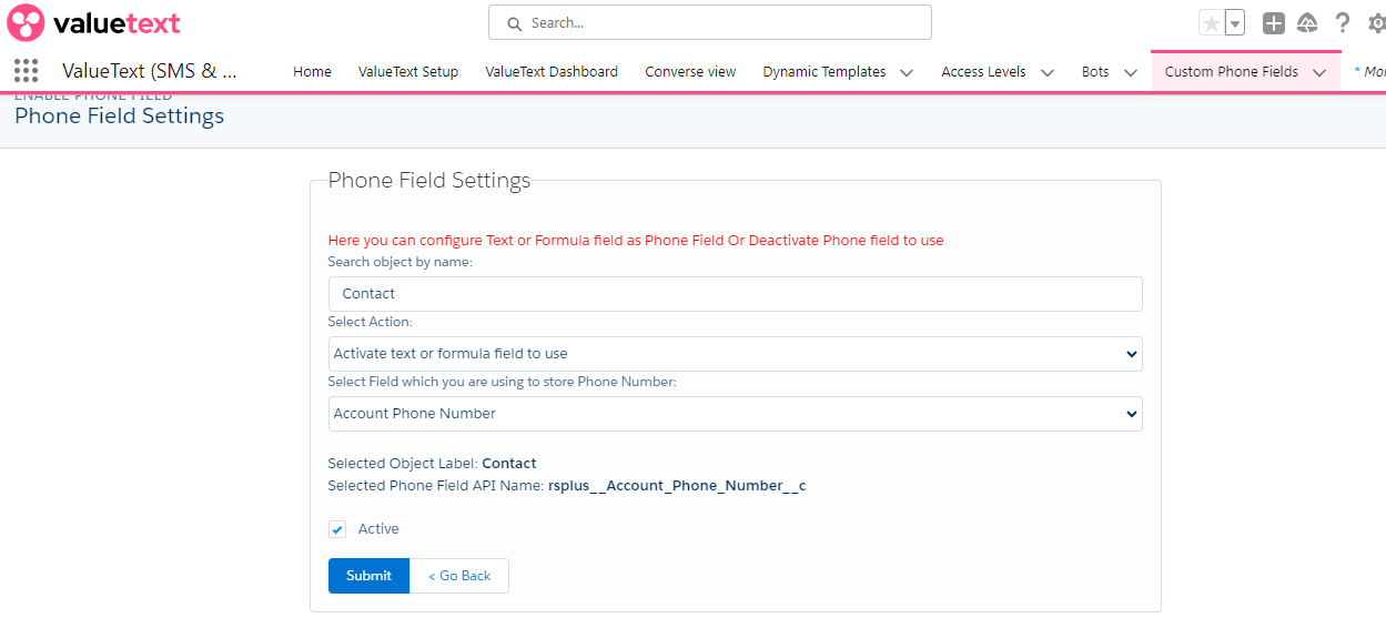 Salesforce Enable Phone Field screen showing the Custom Phone Fields tab, with Search object by name set to Contact, Select Action set to Activate text or formula field to use, Select Field set to Account Phone Number, the Active checkbox checked, and the Selected Phone Field API Name shown as rsplus__Account_Phone_Number__c.
