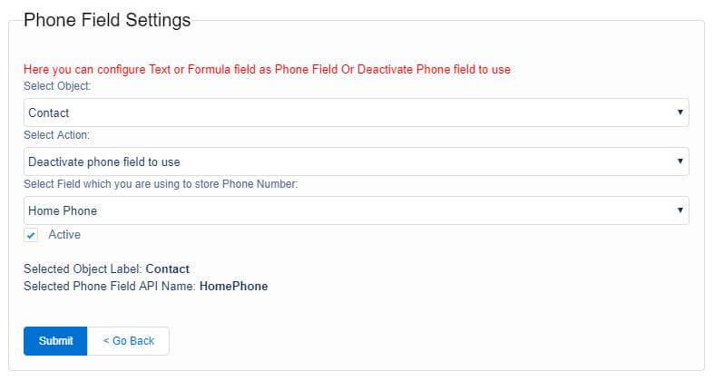 Salesforce Phone Field Settings screen with Select Object set to Contact, Select Action set to Deactivate phone field to use, Select Field set to Home Phone, the Active checkbox checked, and the Selected Phone Field API Name shown as HomePhone.