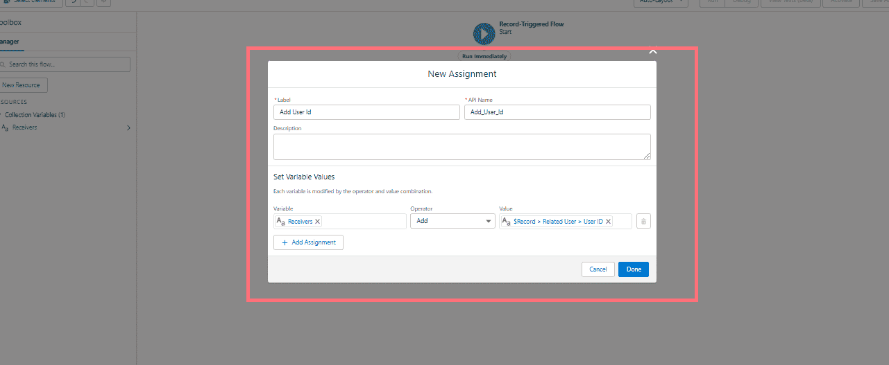 New Assignment dialog in Flow Builder labeled Add User Id, adding the value $Record > Related User > User ID to the Receivers collection variable.